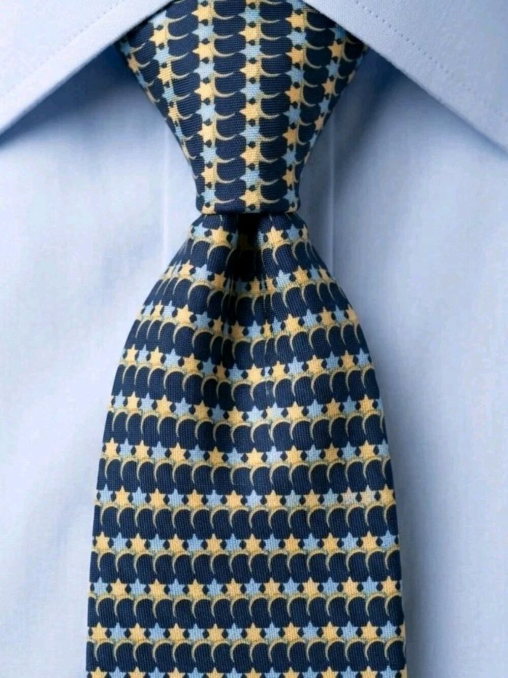 VTG 1990s NAUTICA Navy Blue Silk Tie Star Scale Geometric Foulard Mexico Made